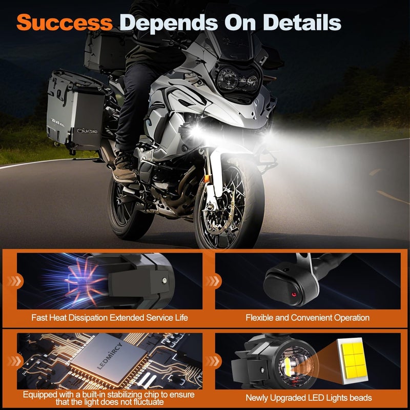 LEDMIRCY Motorcycle Auxiliary Lights, Exploradoras LED para Moto with Switch Wiring Harness Kit Motorcycle Fog Lights IP68 Waterproof Driving Spot Light with Mount Brackets for ATV UTV Snowmobile - Image 4